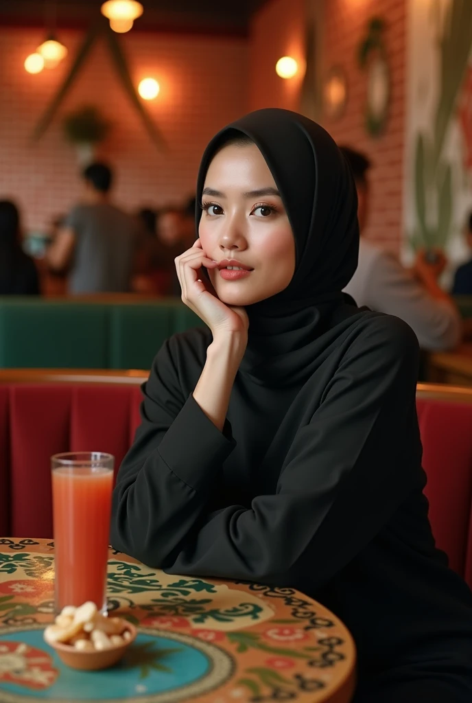 photoshoot of a beautiful Indonesian woman wearing a hijab , sitting in the corner of the sofa of a cafe with an artistic table in front of this woman . chin resting on the palm , gives the impression of graceful and . a glass of juice and some snacks in plates strategically placed on the table . Crowded cafe scene with visitors accompanied by warm lit lights in the background, including ornaments hanging on the wall of a red brick motif . cozy and warm atmosphere ,
