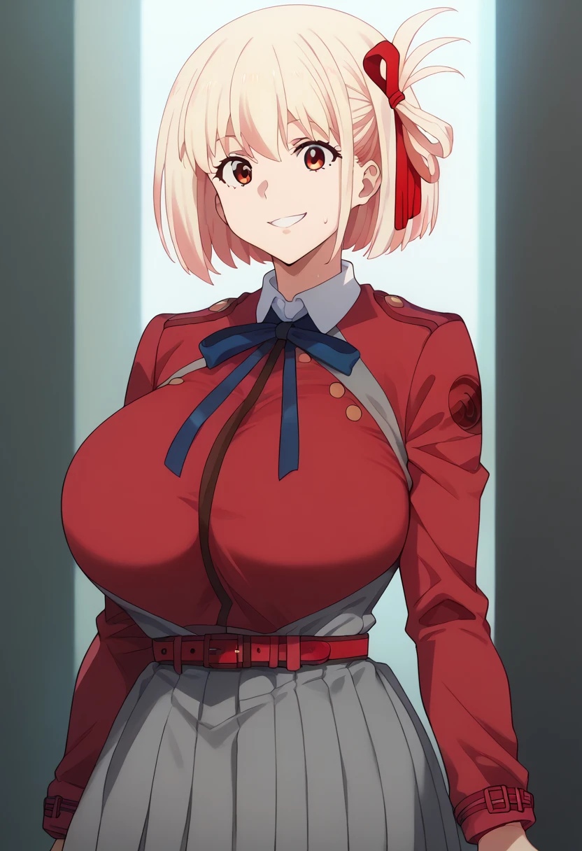 Hyper realistic, Chisato Nishikigi, short hair, bangs, blonde hair, red eyes, hair ribbon, one side up, bob cut, perfect face, perfect lighting,、, thicc،, (huge  breasts), sweat,、shirt, long sleeves, dress, ribbon, white shirt, collared shirt, belt, neck ribbon, red dress, blue ribbon, pleated dress, grey dress, two-tone dress, Red Belt, lycoris uniform,   smile