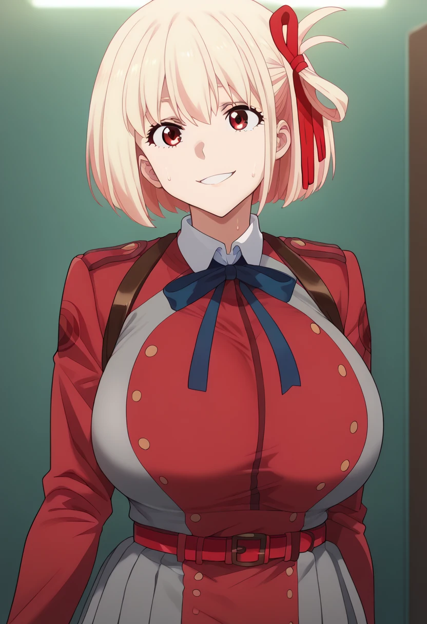 Hyper realistic, Chisato Nishikigi, short hair, bangs, blonde hair, red eyes, hair ribbon, one side up, bob cut, perfect face, perfect lighting,、, thicc،, (huge  breasts), sweat,、shirt, long sleeves, dress, ribbon, white shirt, collared shirt, belt, neck ribbon, red dress, blue ribbon, pleated dress, grey dress, two-tone dress, Red Belt, lycoris uniform,   smile