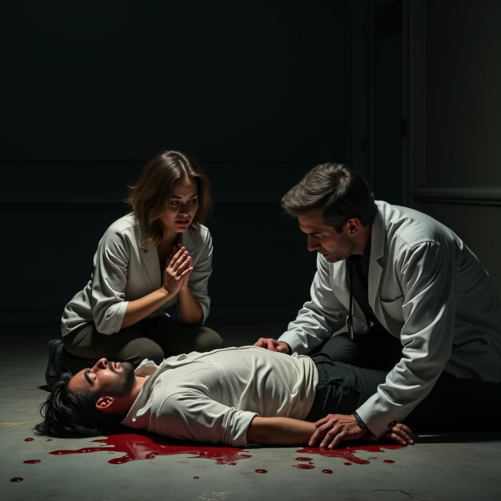 A man is standing over a female doctor who has been forcibly grabbed, lying on the ground with blood around her, and now the woman is lying dead.