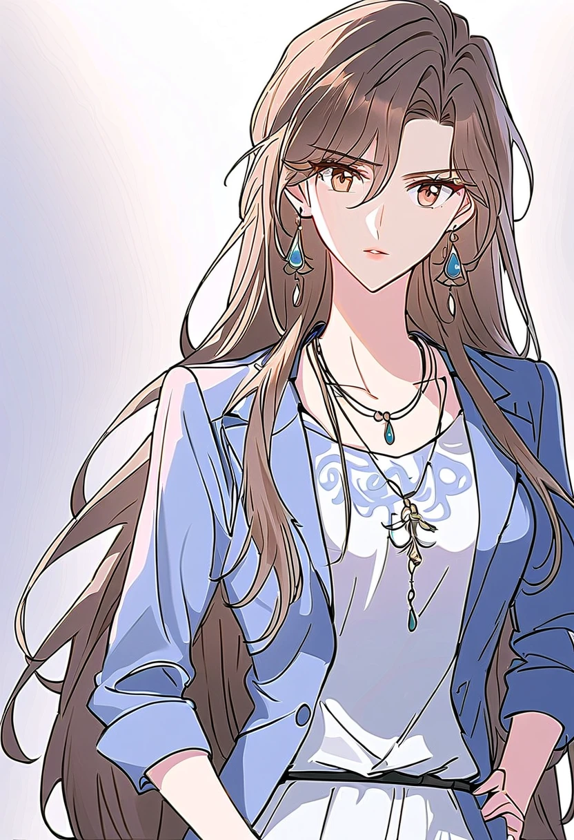 1 Girl,solo,jewelry,hands on hips,brown hair,long hair,dress,white dress,necklace,brown eyes,jacket,earrings,blue jacket,belt,upper body,