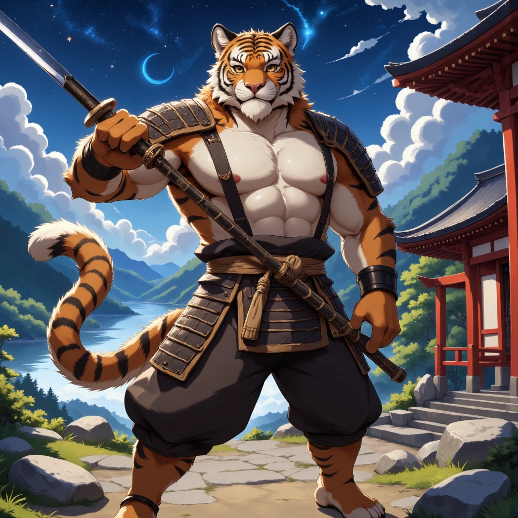 character focus, full body, looking away, dynamic angle, samurai, middle-aged Japanese tiger man, samurai costume clothes, samurai armor, shirt, pants, holding katana, dynamic pose, BREAK full body in Michelangelo Buonarroti style, housamo style, digital illustration anime, detailed painting landscape, starry sky, kyoto, Japanese shrine, outdoor, full color, HDR, BREAK complete anatomy, perfect proportions, beautiful thigh gap, fluffy body, intricate fur details, beautiful fur texture, BREAK a detailed tiger 1tail, detailed toe, 4toes, 4toes nails, detailed foot, detailed hands, 5fingers, 5fingers nails, BREAK aesthetic anime face, insanity detailed face, male face, big face, square jawline, aesthetic anime eyes, detailed brown eyes, detailed brown cornea, detailed dark brown irises, detailed pupils, male eyes, big eyes, male eyebrows, innocent look, beautiful beard, BREAK masterpiece, official art, best quality, very aesthetic, absurdres, super fine illustration, great quality, BREAK noise reduction, very highres, large filesize, high quality, 32K, 8k wallpaper, dynamic lighting, BREAK insanity detailed, ultra detailed, intricate details, extremely detailed, detailed texture, an extremely delicate and beautiful, BREAK e621 illustration, osukemo, kemohomo, anthropomorphic, furry, cartoon, harmonious, pastoral face, virtuous eyes, mysterious atmosphere