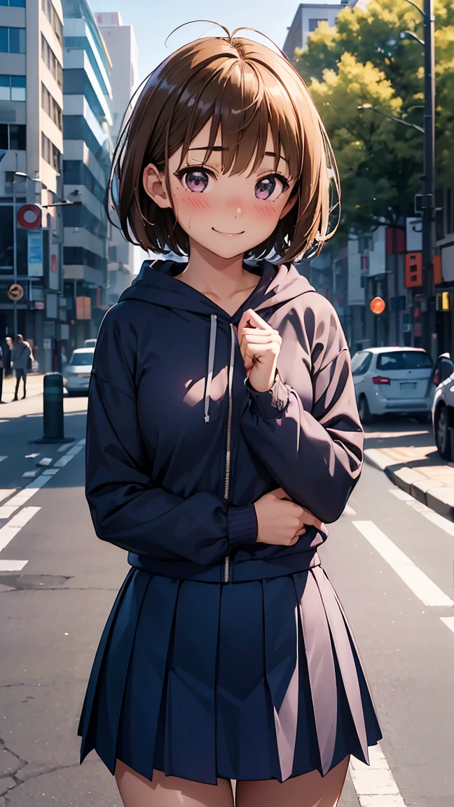 ChinatsuKano,1girl,brown hair, ,(((short hair: 1.5))),,brown eyes,purple eyes, hoodie,school_uniform,blue jacket, pleated skirt,blue skirt,school_uniform,blue jacket, pleated skirt,blue skirt,-- looking away from viewer, solo focus, paiyama, tree, shibuya japan, 109 intersection, real world location, landscape, outdoors, building, ground vehicle, road, street, car, city, daytime Best Quality Background, High Resolution Background, Highly Detailed Background ----------looking at viewer, solo focus, entrance to luxury hotel in urban area, real world location, roundabout, hotel staff, impressive building, city, daytime best quality background, high resolution background, highly detailed background--((squinting cute smile: 1.3))), (((blushing embarrassed expression 1.3))), miniature human hand, (((medium bust 1.3))), (((thin thighs 1.3))), perfect anatomy, perfect proportions, nice lighting, bright colors, clean lines, information, blurred, stunning facial expression, restless emotions, gorgeous and cute, beautiful face and eyes with every detail, (masterpiece) beautiful face, young and handsome girl, really perfect skin, blurred, facial expression, restless emotions, gorgeous and cute, beautiful face and eyes with every detail, (Audrey Hepburn), (cute), (J-POP idol), (thighs, (depth of field), (depth of detail), soft light, sparkling lens gaze, (droopy eyes), straight teeth, shy smile, flowing hair,