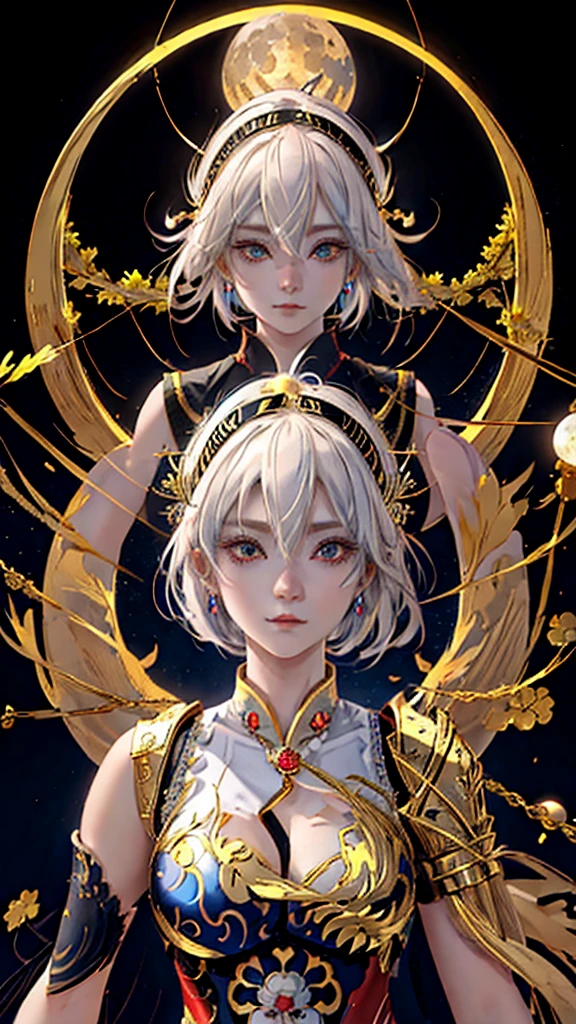 Anime girl with short blond hair and gold jewels in front of a black background,  Onmyoji detailed art , Anime Goddess, portrait onmyoji, Onmyoji, White-haired God, The Goddess Artemis Smiles, Moon Goddess,  Complex and Beautiful Animated CGI Style ,   beautiful fantasy empress  , Artwork by the Goddess of Sorrow, Moon Goddess, Moon Goddess, (Colossal :1.4), ( DETAILS EYES :1.4)