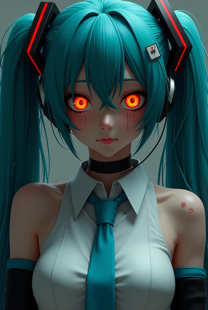 masterpiece, Hatsune Miku, White shirt, blue tie, bare shoulders, separate sleeves, evil smiley face, Dark skin, Red eyes, black eyes, pupil orange,