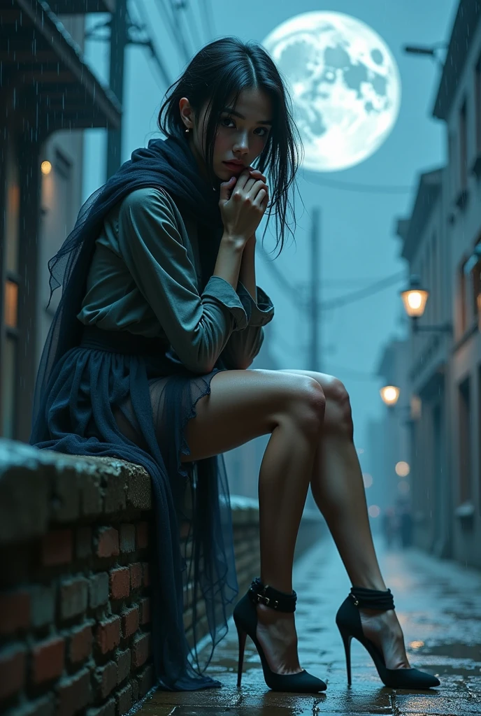 A photorealistic girl with a mesmerizing gaze, sitting on a high weathered old brick wall, with folded arms on the chin, battered by a torrential windstorm and heavy rain, adorned with a flowing long tulle scarf, showcasing flawless legs and heels, dressed in a long-sleeved shirt and an uplifted mini skirt, with short, raven-black long hair, set against a dark city sidewalk, with dimmed lights, mist, and dripping water, under the ominous glow of a full dark moon, her eyes locked intensely on the sky. 