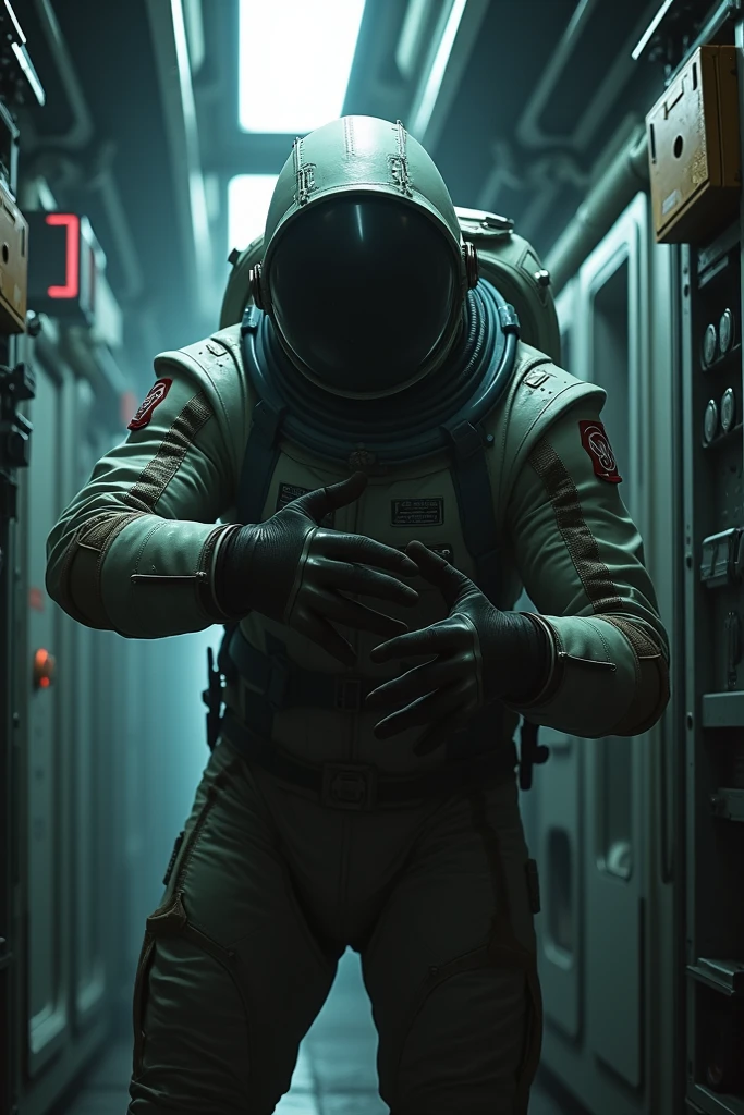 Spaceship internal view, FIRST PERSON PERSPECTIVE CREWMAN, only one arm appears holding a flashlight, corridor with doors