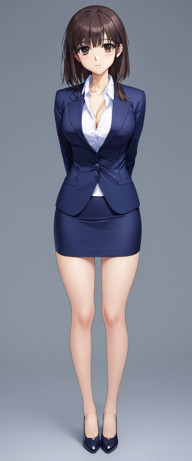 Megumi Kato,  1 girl, Alone, bangs,  brown hair, (((Female lawyer, ( formal suit micro mini skirt,  マイクロミニ pencil skirt),  white shirt,   Navy Blue Jacket,Big Breasts、 cleavage、Thin legs、The white panties are visible from the hem of the skirt))), perfect body for a lawn,  Anime Virtual YouTuber Full Body Model , Full body of a single character,  standing in a splendid posture , short! pencil skirt,  full body shot超詳細、 skinny, Alone, 1 female,   Masterpiece ,   best quality ,   best quality , 16k,  unbelievably ridiculous,  high definition, 2.5D, AI-generated, Delicate and dynamic,  Very delicate facial expression, Delicate eye depiction,  erotic, only  sexy woman, ((A cute and kind face、Looking up)), Healthy body shape, ((25-year-old woman)), Height: 170cm,  Moderately Firm Swaying Bust , sexy, (( Thin Thighs )),,  shiny,  Facing Viewers , smile, ((Oily_skin)), (((( full body shot、)))), (( erotic pose)),  fashion model posing with faded gray hair,   fashion model style DJ, 