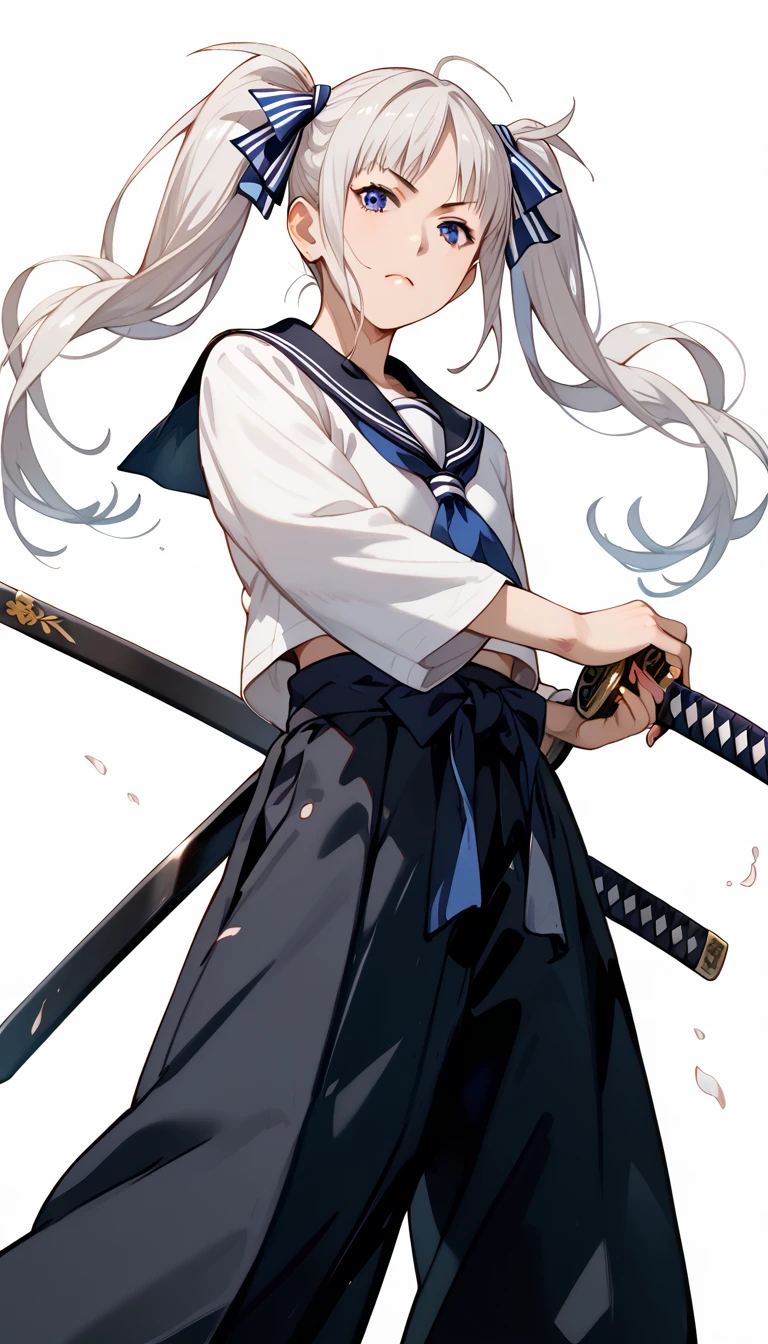 Has long pale hair that is almost creamy，((Double-wound ponytails are woven in vertical rolls))、Sailor Blouse、martial arts gym、flat chest、((from below))、Holding a katana in hand, gripping kanna、side biew、battoujutsu、((girl slashes at her with her sword))