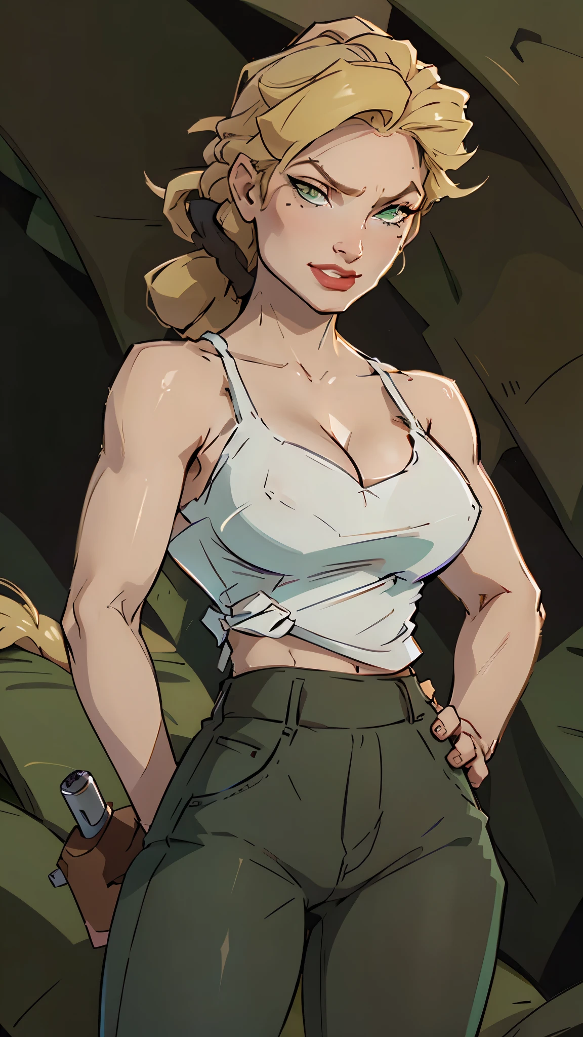 Denise, with helga's hair, evil smirk, blonde hair in braided ponytail, white tank top, cleavage, green pants, old-fashioned pistol in hand, underground cave, wet, nipple bumps