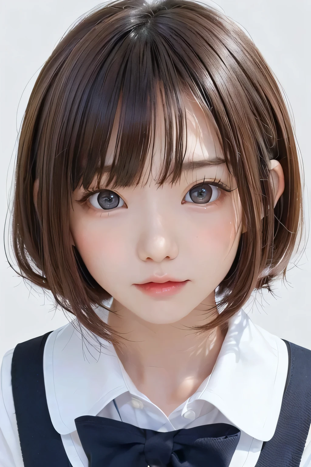(8k、  Masterpiece 、 best quality、  highest resolution )、(  girl、Alone、 big eyes、cute、  idol face)、( small :1.3)、( flat body )、( slender)、、( close-up shot of her face :1.3)、、(  white simple background)、Front closure、((school uniform))
