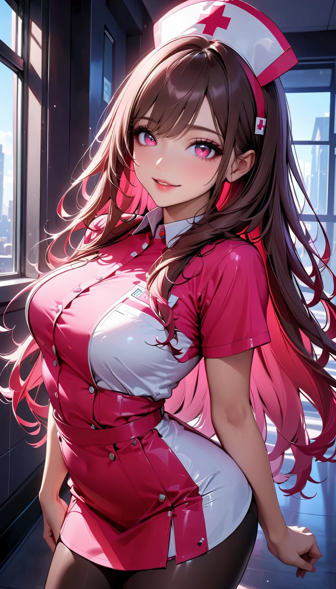  very sexy female nurse、colorful nurse outfit 、 nurse cap 、 Mini Skirt、 black stockings、(Brown Hair、 long hair、 random pose 、 full body view:1.2、Beautiful work 、 glowing eyes、Glossy lips、smile)、Beautiful CG illustrations、8k、 Very detailed、masterpiece、 High Quality 、 movie-like lighting、Charming、 elegant 、Tempting、Realistic、 complex details、 Perfect Skin、 Seductive Expression 、 Dramatic Poses、 Cinematic Composition 、Cold tones、Shining Highlights、 shallow depth of field 、Atmospheric setting、Hospital interior background。、