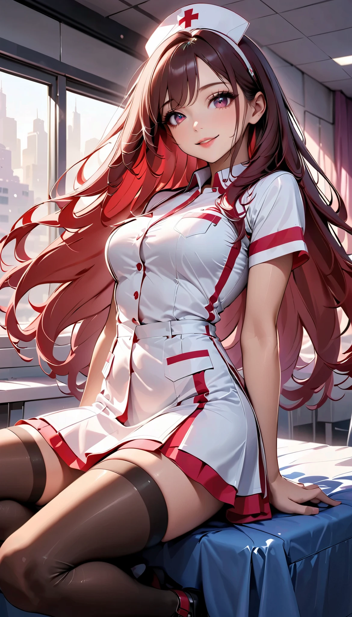  very sexy female nurse、colorful nurse outfit 、 nurse cap 、 Mini Skirt、 black stockings、(Brown Hair、 long hair、 random pose 、 full body view:1.2、Beautiful work 、 glowing eyes、Glossy lips、smile)、Beautiful CG illustrations、8k、 Very detailed、masterpiece、 High Quality 、 movie-like lighting、Charming、 elegant 、Tempting、Realistic、 complex details、 Perfect Skin、 Seductive Expression 、 Dramatic Poses、 Cinematic Composition 、Cold tones、Shining Highlights、 shallow depth of field 、Atmospheric setting、Hospital interior background。、