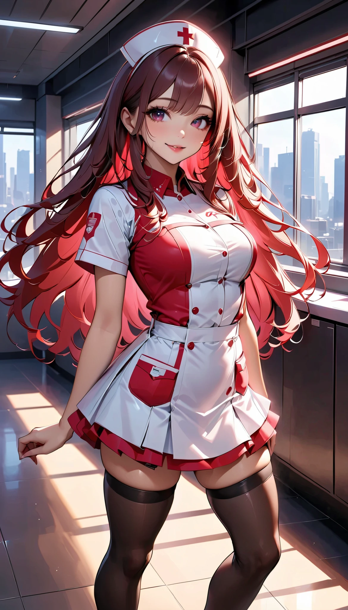  very sexy female nurse、colorful nurse outfit 、 nurse cap 、 Mini Skirt、 black stockings、(Brown Hair、 long hair、 random pose 、 full body view:1.2、Beautiful work 、 glowing eyes、Glossy lips、smile)、Beautiful CG illustrations、8k、 Very detailed、masterpiece、 High Quality 、 movie-like lighting、Charming、 elegant 、Tempting、Realistic、 complex details、 Perfect Skin、 Seductive Expression 、 Dramatic Poses、 Cinematic Composition 、Cold tones、Shining Highlights、 shallow depth of field 、Atmospheric setting、Hospital interior background。、