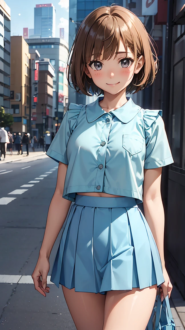 Kanochinatsu, one girl, brown hair, (((short hair: 1.5))), brown eyes, purple eyes, Eimei Junior and Senior High School uniform, light blue jacket, light blue pleated skirt, ((( light blue skirt: 1.5))),-- looking away from viewer, solo focus, Paiyama, tree, Shibuya Japan, 109 intersection, real world location, landscape, outdoors, building, ground vehicle, road, street, car, city, daytime best quality backgrounds, high resolution backgrounds, highly detailed backgrounds------Looking at the viewer, Solo Focus, Urban Luxury Hotel Entrance, Real World Location, Roundabout, Hotel Staff, Fine Building, , City, Daytime Best Quality Background, High Resolution Background, Highly Detailed Background--((Squinting Eyes and Cute Smiling Face : 1.3))),,((Blushing and Embarrassed Expression 1.3)),Miniature Human Hand,(((Medium Bust 1.3))),(((thin thighs 1.3))),perfect anatomy, perfect proportions, nice lighting, bright colors, clean lines, information, blurred, stunning facial expression, restless emotions, gorgeous and cute, beautiful face and eyes with every detail,(masterpiece) beautiful face, young and handsome girl, really perfect skin, blurred, facial expression, restless emotions, gorgeous and cute, beautiful face and eyes with every detail,(Audrey Hepburn),(cute),(J-POP idol),(thighs,(depth of field),(depth of detail),soft light, sparkling lens gaze,(droopy eyes)),straight teeth, shy smile, flowing hair,