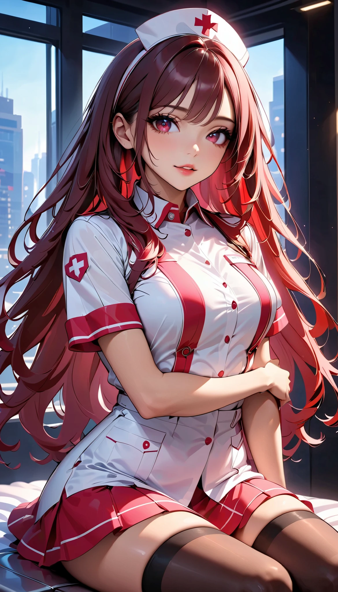  very sexy female nurse、colorful nurse outfit 、 nurse cap 、 Mini Skirt、 black stockings、(Brown Hair、 long hair、 random pose 、 full body view:1.2、Beautiful work 、 glowing eyes、Glossy lips、anger)、Beautiful CG illustrations、8k、 Very detailed、masterpiece、 High Quality 、 movie-like lighting、Charming、 elegant 、Tempting、Realistic、 complex details、 Perfect Skin、 Seductive Expression 、 Dramatic Poses、 Cinematic Composition 、Cold tones、Shining Highlights、 shallow depth of field 、Atmospheric setting、Hospital interior background。、