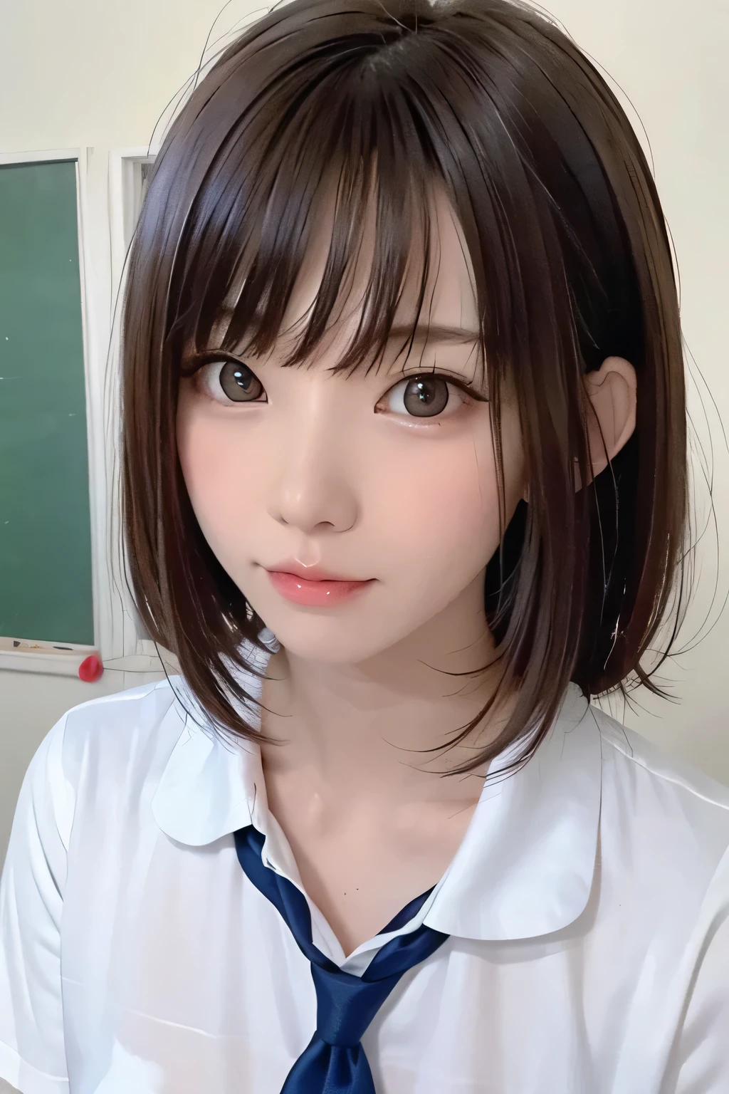 (8k、  Masterpiece 、 best quality、  highest resolution )、(  girl、Alone、 big eyes、cute、  idol face)、( small :1.3)、( flat body )、( slender)、、( close-up shot of her face :1.15)、、(  white simple background)、Front closure、(school uniform:1.3)、 ties