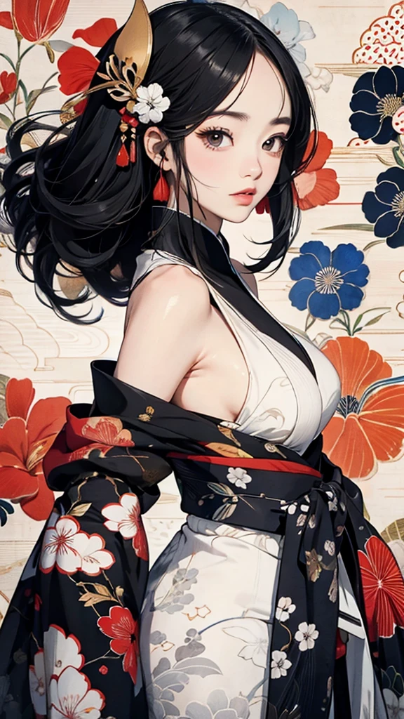 (masterpiece, High resolution, Highest quality), 20-year-old woman, Exposed cleavage, Japanese-style punk fashion:1.2, Petal Collage, And handle background, warm color, Anime Style, Simple lines, Digital Painting,