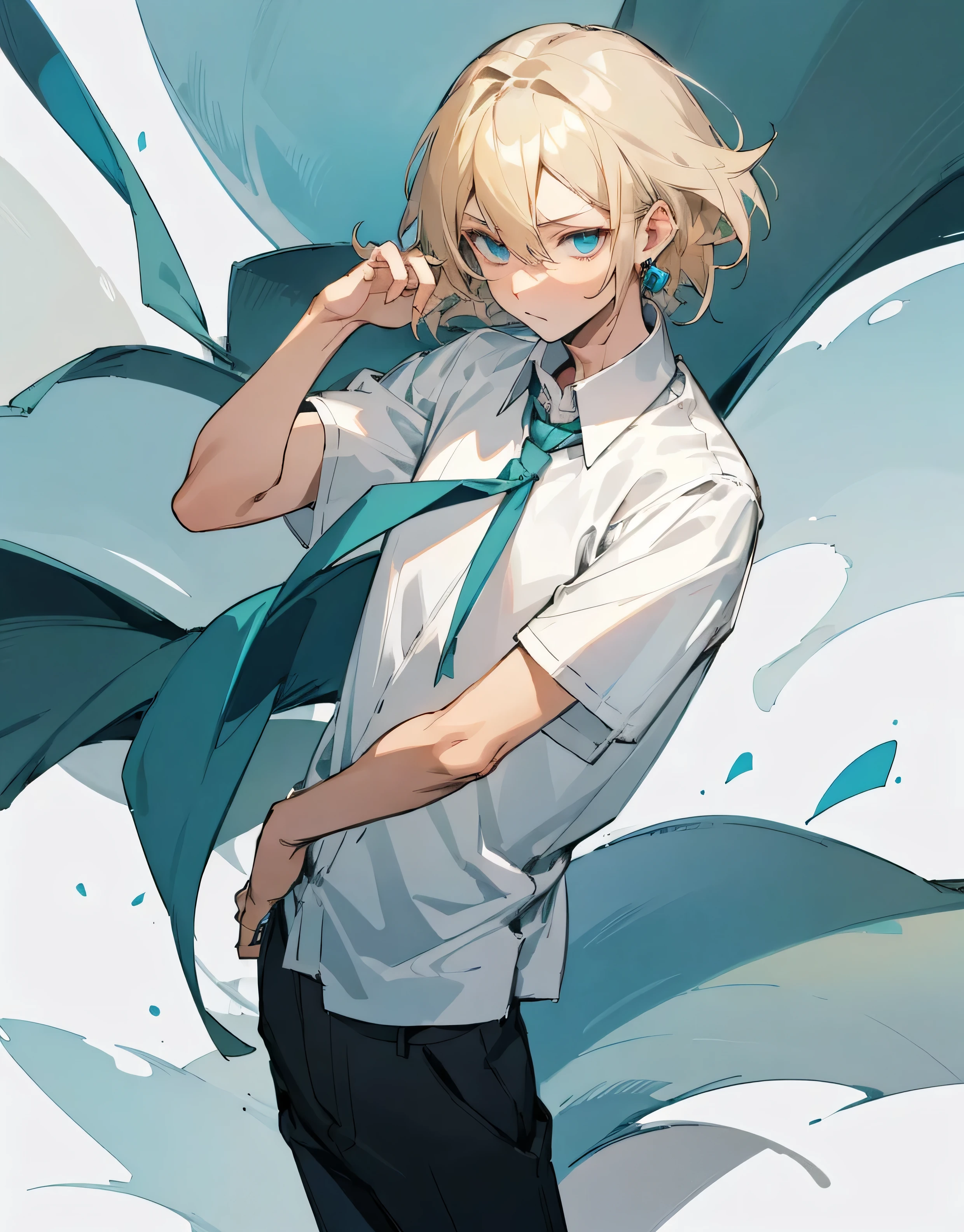 boy , blond,  medium length hair , wearing a short-sleeved white shirt tucked into black pants, Without a tie, the collar is unfastened , turquoise eyes, small ring earrings, stands straight 