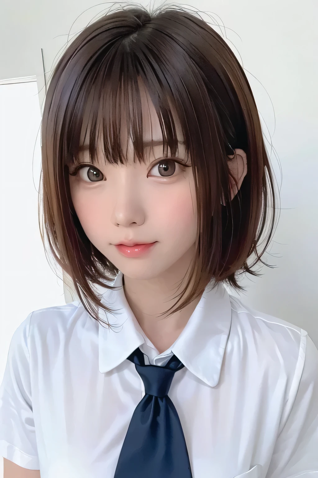 (8k、  Masterpiece 、 best quality、  highest resolution )、(  girl、Alone、 big eyes、cute、  idol face)、( small :1.3)、( flat body )、( slender)、、( close-up shot of her face :1.15)、、(  white simple background)、Front closure、(school uniform:1.3)、 ties