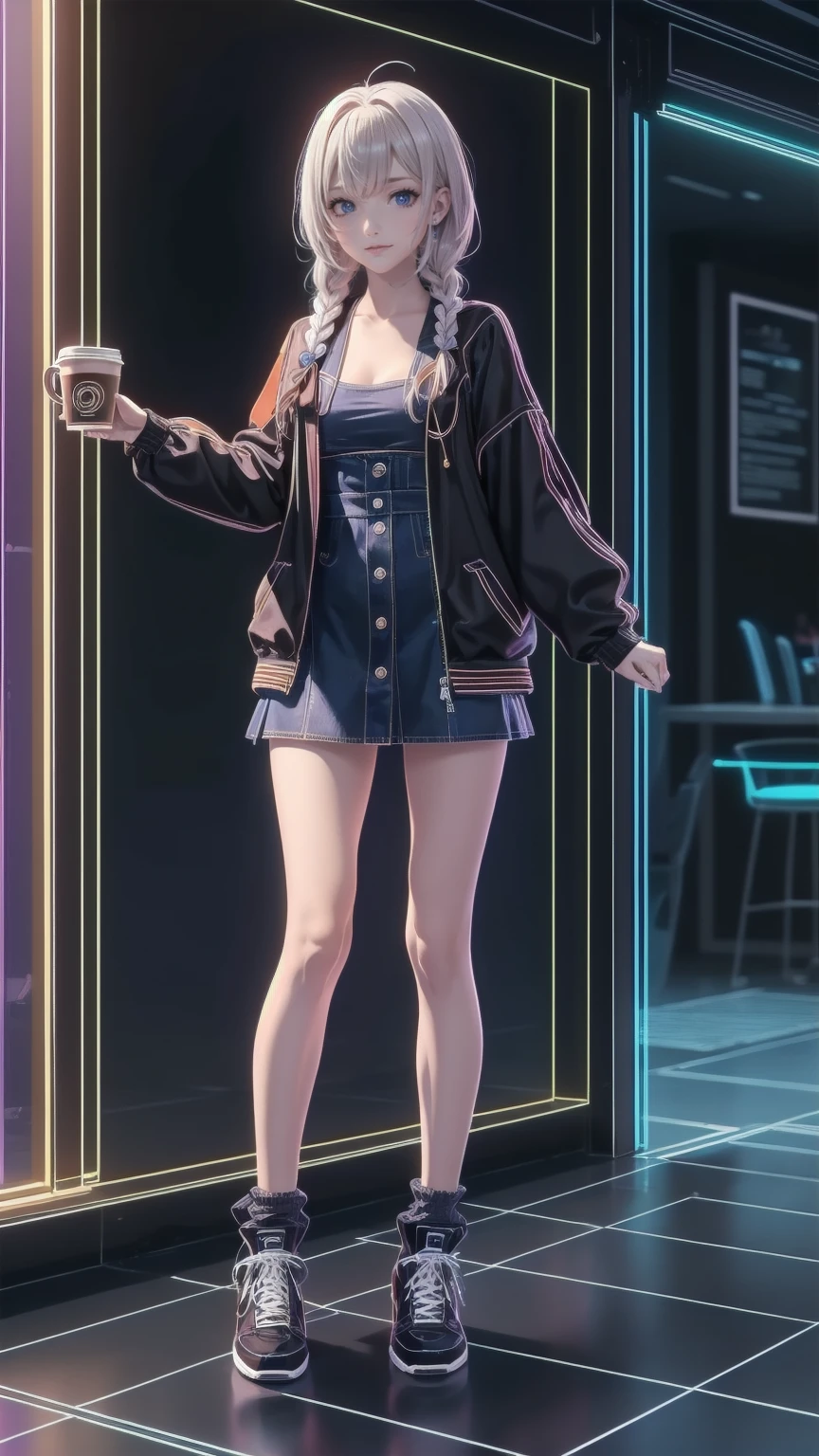  body 8 times longer than my head , (   Hi-Res CG Unity 8K ), (   best quality)，(   very detailed)，(  Masterpiece ,    best quality:1.2), 18 years old,    very beautiful girl, Alone, Coffee shop with a happy expression looking at the camera   , Accurate Face,  She's Relaxed,   large jacket  ,   mini skirt with snaps around the knee,    sneakers.,    aromatic coffee, whole body,   simple background, , review，   shortcuts  ， Bedhead，    Short Braided Hair    ，Neat，  slender beauty ，Correct posture，  small breasts，  beautiful legs，     My enchanting gray-blue eyes are shining like stars，Droopy eyes，   bright color ,     beautiful eyes  ,A delicate smile,textured skin,   best quality best ,     a parody of a gentle and beautiful woman   , Anime Style､