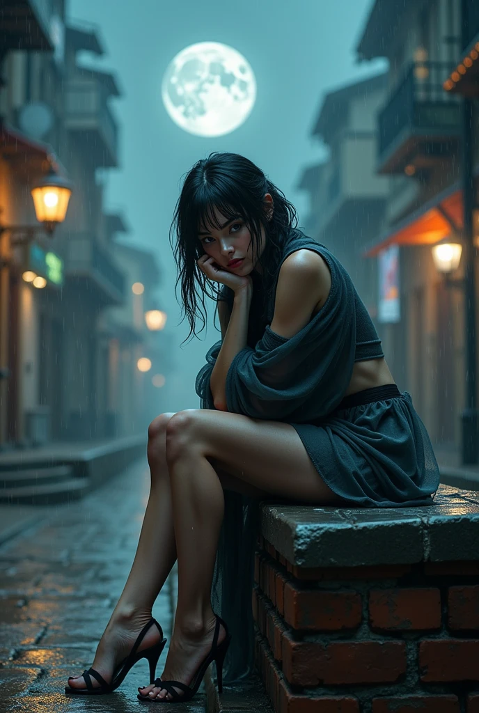 A photorealistic girl with a mesmerizing gaze, sitting on a high weathered old brick wall of the town square, with folded arms on the chin, battered by a torrential windstorm and heavy rain, adorned with a flowing long tulle scarf, showcasing flawless legs and heels, dressed in a long-sleeved shirt and an uplifted mini skirt, with short, raven-black long hair, set against a dark city sidewalk, with dimmed lights, mist, and dripping water, under the ominous glow of a full dark moon, her eyes locked intensely on the sky. 