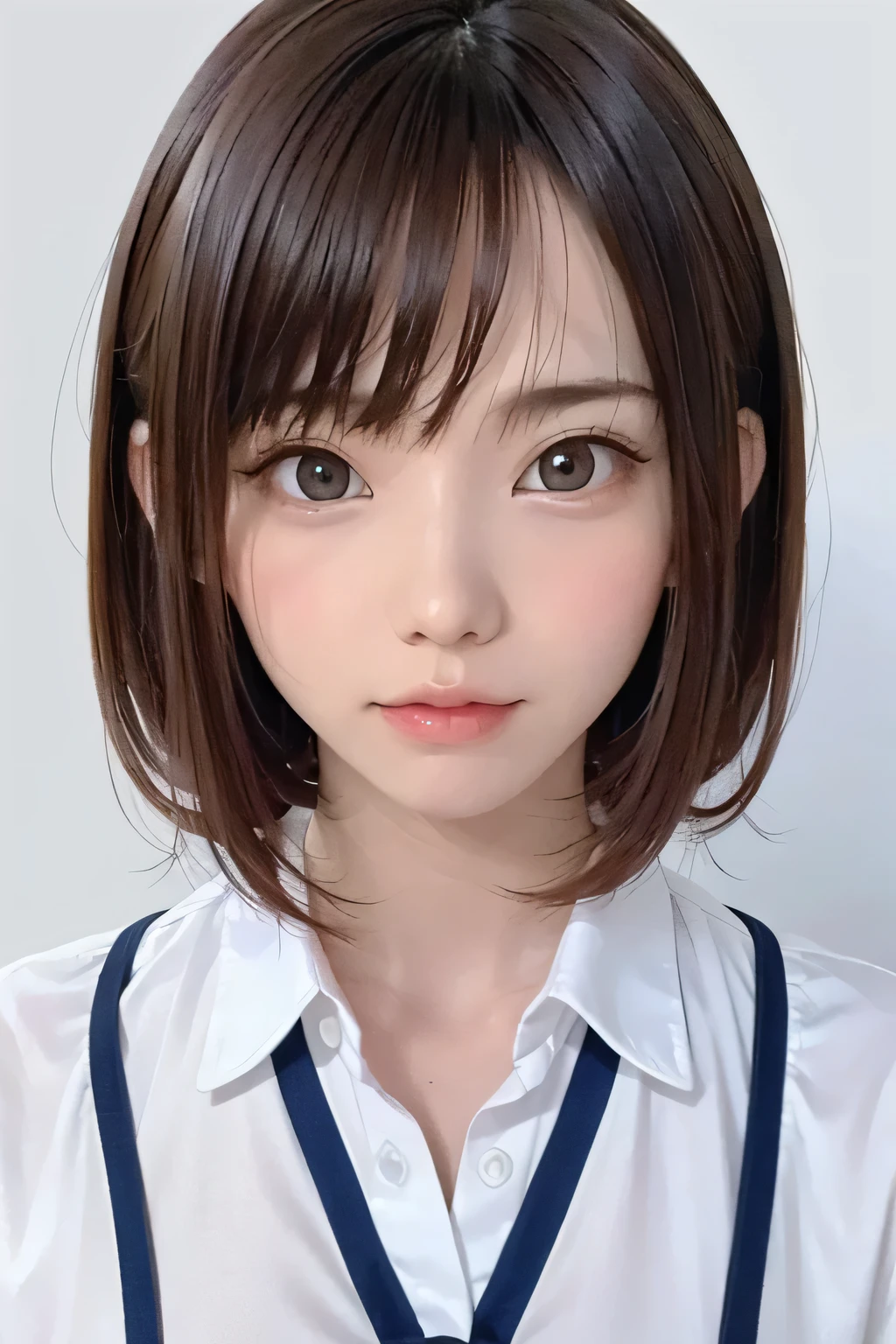 (8k、  Masterpiece 、 best quality、  highest resolution )、(  girl、Alone、 big eyes、cute、  idol face)、( small :1.3)、( flat body )、( slender)、、( close-up shot of her face :1.15)、、(  white simple background)、Front closure、(school uniform:1.3)、 ties