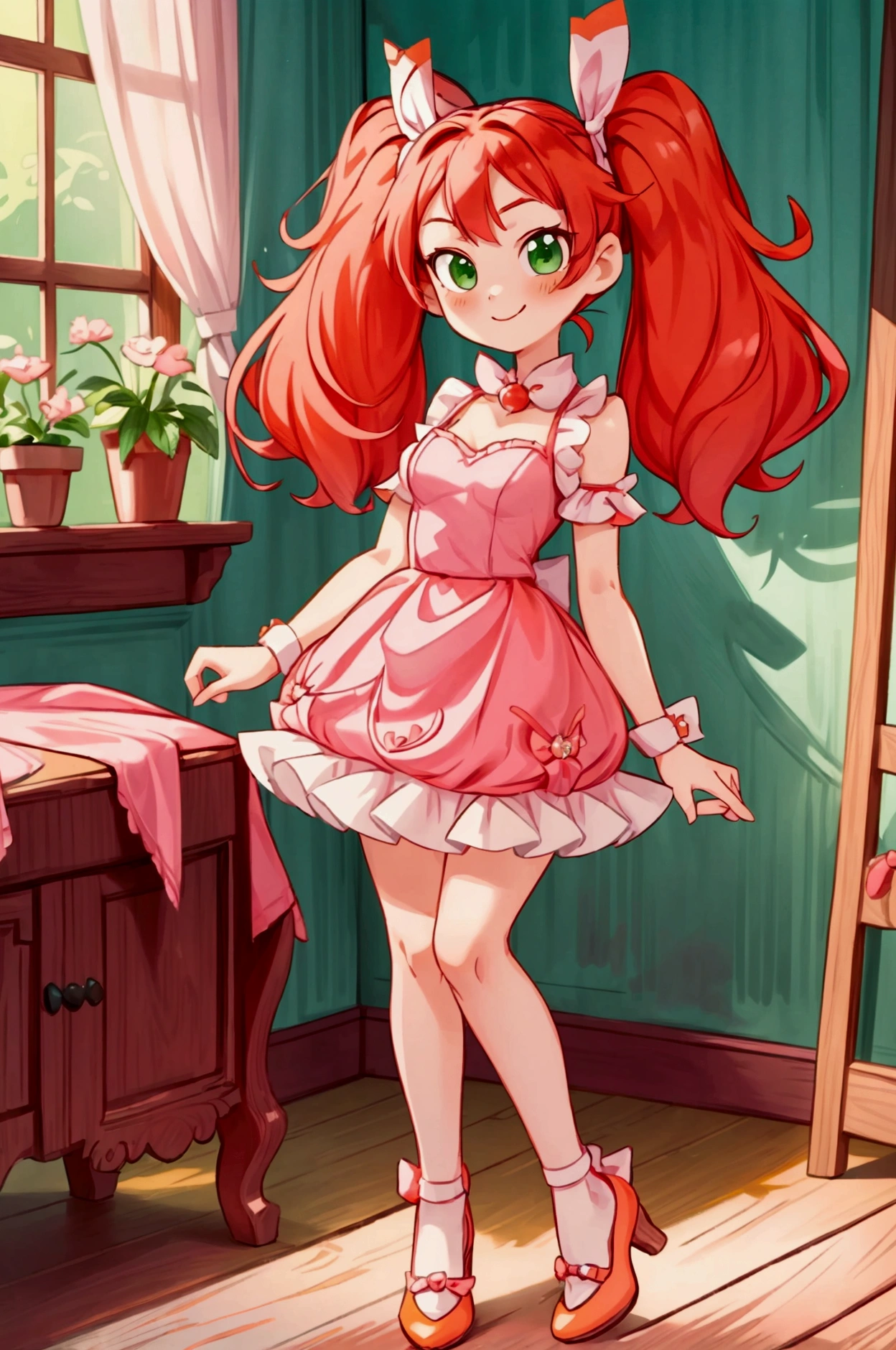 (Masterpiece, best quality) standing indoors with intricate details and sunlight, 1girl, red hair, twintails, green eyes, hair bow, pink and white frilled dress with short neckline, orange heels shoes, Mischievous smile,sexy pose, coquette, beautiful long legs, teen girl, gorgeous body, pronounced breasts.
