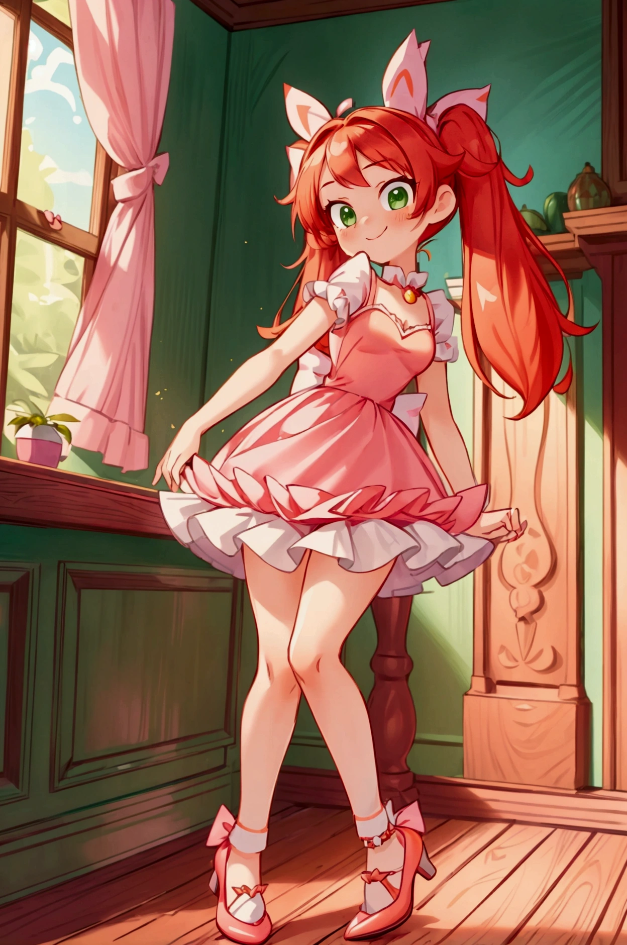 (Masterpiece, best quality) standing indoors with intricate details and sunlight, 1girl, red hair, twintails, green eyes, hair bow, pink and white frilled dress with short neckline, orange heels shoes, Mischievous smile,sexy pose, coquette, beautiful long legs, teen girl, gorgeous body, pronounced breasts.
