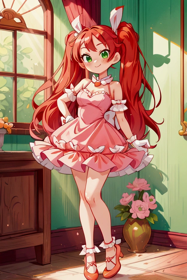 (Masterpiece, best quality) standing indoors with intricate details and sunlight, 1girl, red hair, twintails, green eyes, hair bow, pink and white frilled dress with short neckline, orange heels shoes, Mischievous smile,sexy pose, coquette, beautiful long legs, teen girl, gorgeous body, pronounced breasts.
