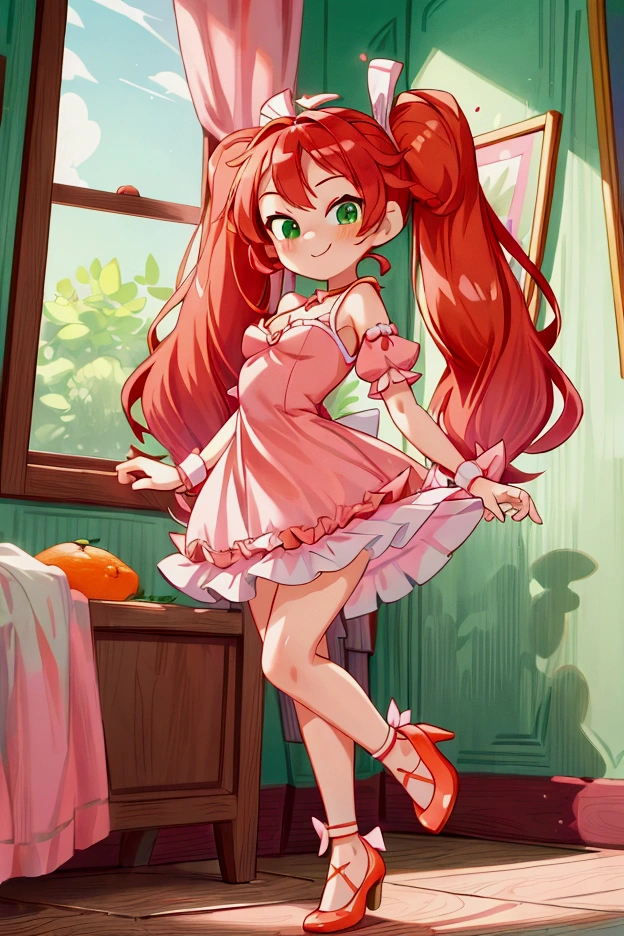 (Masterpiece, best quality) standing indoors with intricate details and sunlight, 1girl, red hair, twintails, green eyes, hair bow, pink and white frilled dress with short neckline, orange heels shoes, Mischievous smile,sexy pose, coquette, beautiful long legs, teen girl, gorgeous body, pronounced breasts.
