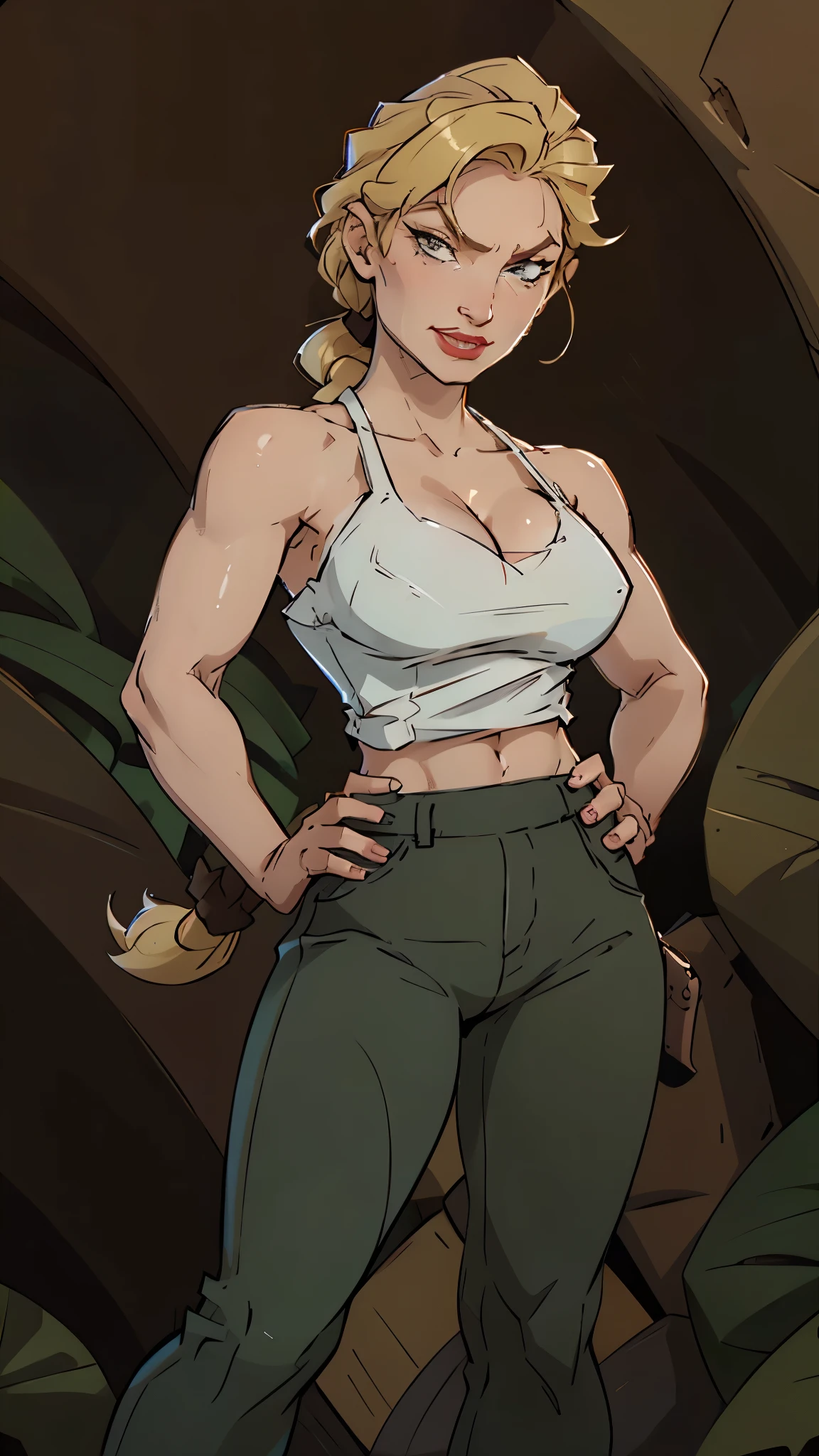 Denise, with helga's hair, evil smirk, blonde hair in braided ponytail, white tank top, cleavage, green pants, old-fashioned pistol in hand, underground cave, wet, nipple bumps