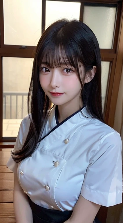 (highest quality,masterpiece:1.3,ultra high resolution,),(Super detailed,caustics),(Photoreal:1.4,RAW shooting,)ultra-realistic capture,very detailed,High resolution 16K human skin close-up。 natural skin texture、,The pores are、、、、Must be detailed enough to be easily identified。 Skin should look even-toned and healthy。 Use natural light and color,restaurant,waitress uniform,1 girl,Japanese,18-year-old,cute,black haired,ponytail,big breasts,smile,turn your body forward,(Front view:1.1),look at the camera,cowboy shot,