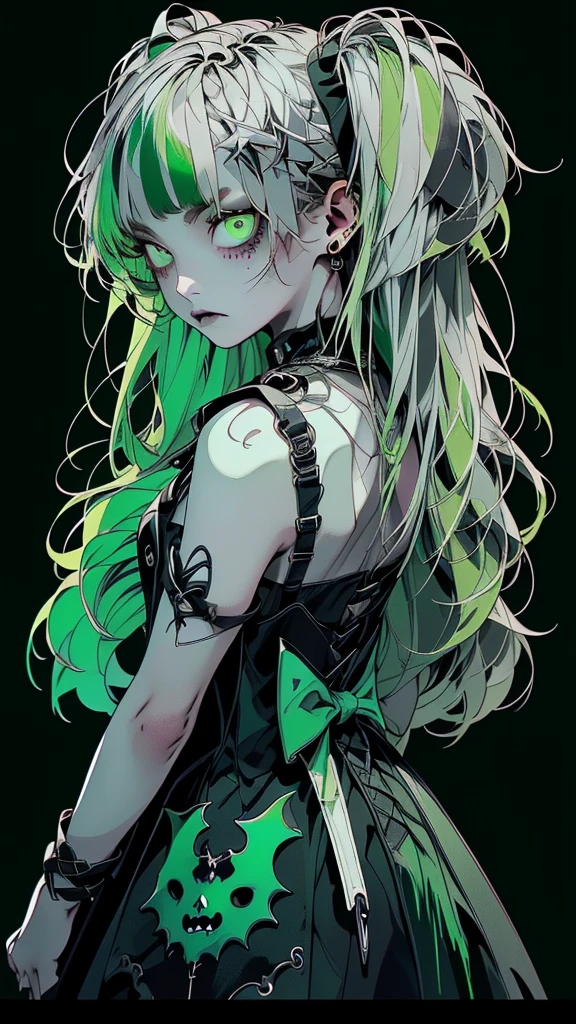     movie poster featuring a young female zombie、 (Silver_hair, green_hair,two-tone_hair:1.4)、(long hair :1.2)、Dance Hair、(light green clear eyes 1 .3)Glare、  Her face always has the same expression    , (  Gothic Dress:1.3)、(  black simple background 1  .4)、Rough, With danger and tension、 Rear shot 、(short bang :1.3)、( staring at the camera:1.4)、anger