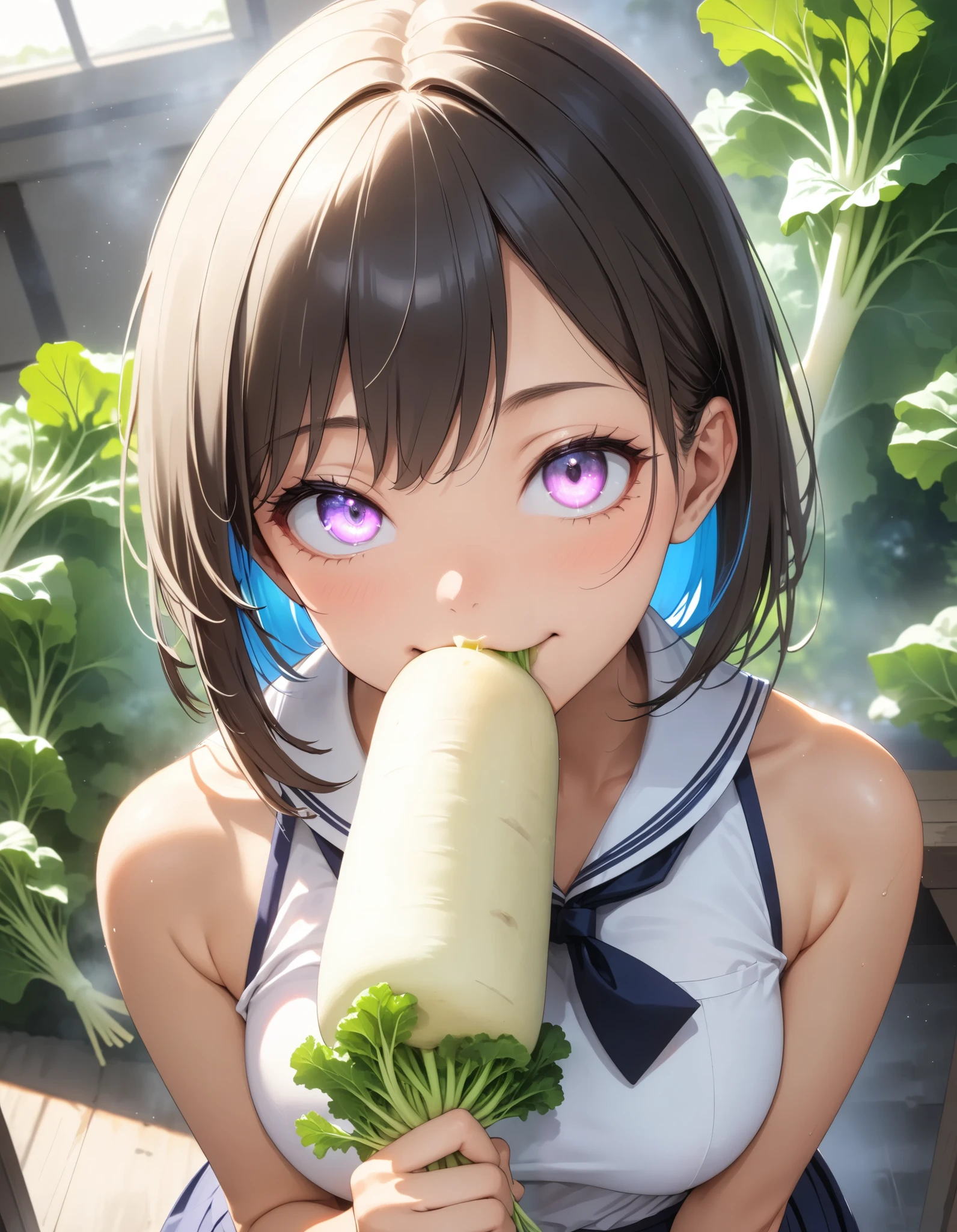 1 female,  beautiful skin ,  fine skin, Vibrant Hair,  glowing eyes, JK,  Thin Waist, 細身の体,  look up , smile, Sexy school girl,  fellatio gesture :1.2,  focus on face , (( ahe face)), (((Hold daikon ,  suck daikon ))),  Dutch angle,  random sex pose, desire,  High Quality ,  high definition , masterpiece:1.2