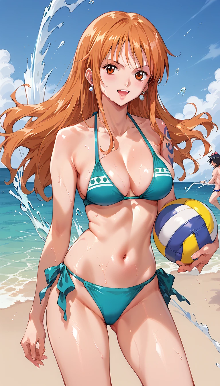 Close-up of a woman in a bikini holding a volleyball ball, Anime drawing by Jan J., Pixiv, realism, is wearing a Swimwear, I also make fan art, High quality anime artstyle, Swimwear, High quality fan art, Splash art anime , Nami One Piece, Highly detailed art gems, (Anime), High quality anime art、Beach Volleyball