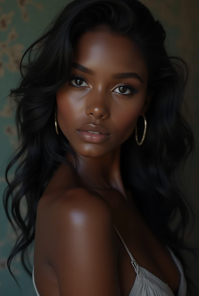 femme, antillaise, noir, Les yeux marron, cheveux longs, 25 à 33 ans ,porter un short sexuel ,visage de face