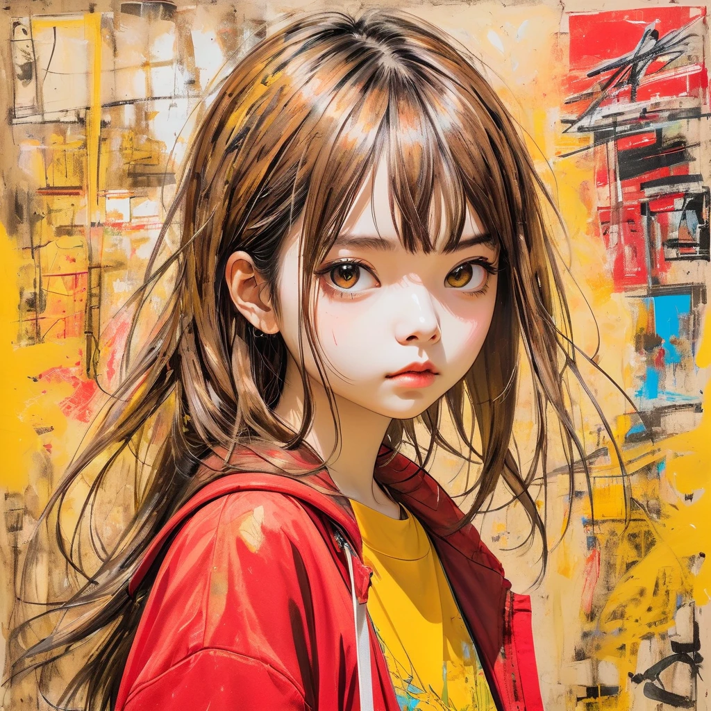 Top quality, super detailed, hand drawing, mixed media art of ren's graffiti and sketches of genius abstract painter, crepus painting, 1 girl, brown soft shoulder-length hair, red clothes, crudely painted yellow background, masterpiece