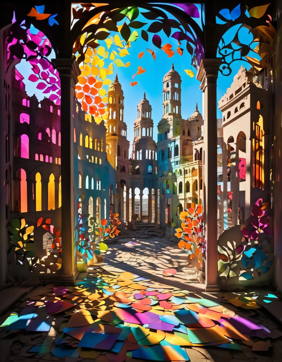 Multi-layered paper cutting, shadow art, silhouette art, mix of paper cutting art and shadow art, everything except the shadows is colored with colored cellophane and Stained Glass. colorful petals dancing in the wind, (((ancient ruined city:1.25, Abandoned city background))), Collapsed Buildings, crumbling towers, intricate architecture, sense of decay and abandonment. Multi-layered collage, rainbow highlights, shadow minimalism