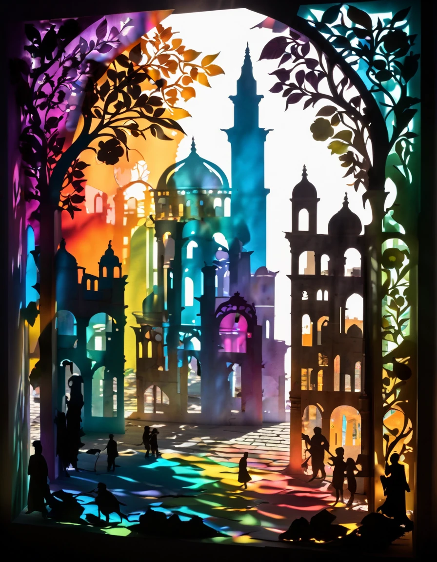 Multi-layered paper cutting, shadow art, silhouette art, mix of paper cutting art and shadow art, everything except the shadows is colored with colored cellophane and Stained Glass. colorful petals dancing in the wind, (((ancient ruined city:1.25, Abandoned city background))), Collapsed Buildings, crumbling towers, intricate architecture, sense of decay and abandonment. Multi-layered collage, rainbow highlights, shadow minimalism