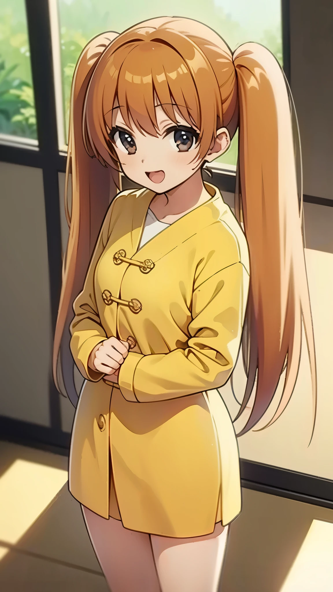 indoor, in chinese rooom, wearing yellow chinese dress, standing, looking back, shy, blush, break anime style, orange hair1:4, break high bridge1:8, BREAK super straight hair, BREAK long side twin tails1:6, masterpiece,