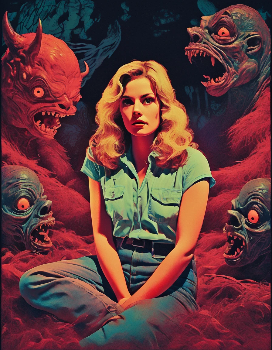 The Beautiful Girl and the Monsters、The mental world of a mentally ill person 、Abstract、Realistic illustration、art、80s horror movie poster , American Movies、 high detail, Realistic shadows,  Color Difference,  surrealism 、  Complementary Gradients 、Melancholy、 greatest masterpiece、horror scene