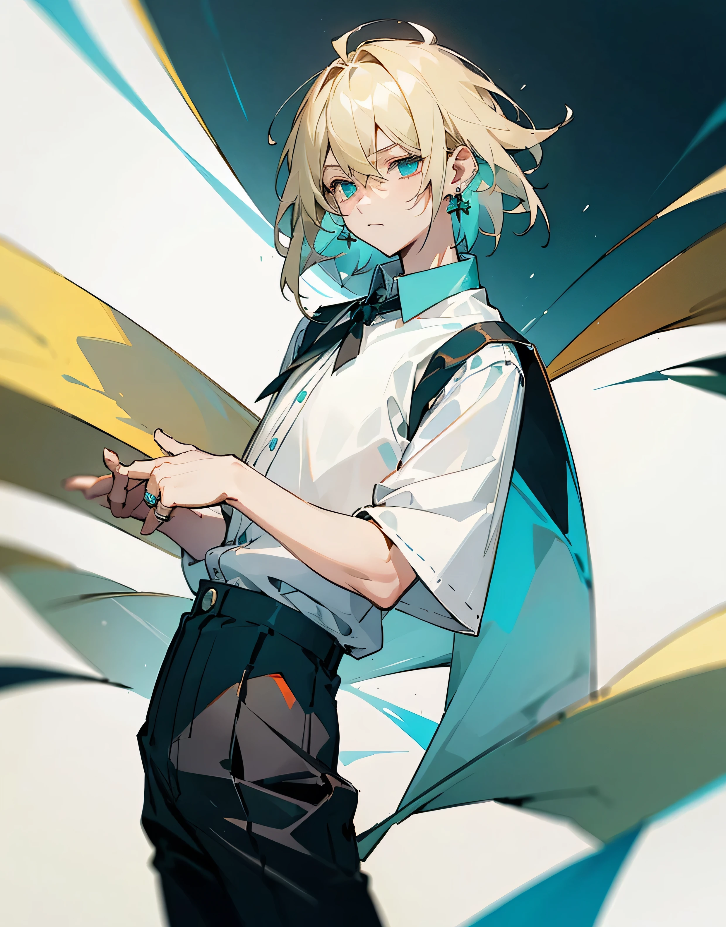 boy , blond,  medium length hair , wearing a short-sleeved white shirt tucked into black pants, Without a tie, the collar is unfastened , turquoise eyes, small ring earrings, stands straight 