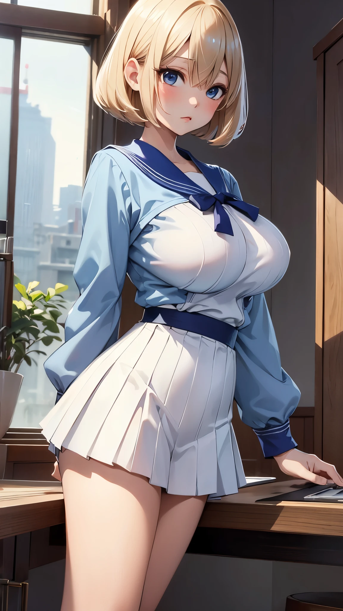 (masterpiece, highest quality, ultra high res, ultra detailed:1.3), 1 cute girl, ideal ratio body proportions, blonde short hair,  uniform, clothes covered nipples, blue pleated mini skirt, (white panties, high kicking the viewer:1.4), angry look, cameltoe, dynamic angle, 