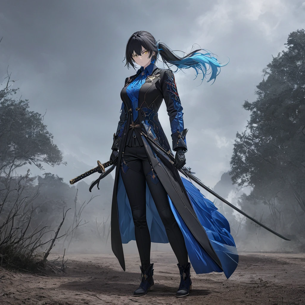 A woman wearing a Vergil costume (devil may cry 5), long black coat, teal blue t-shirt inside, black pants, black leather boots, holding a katana without a sheath, full body, serious face, perfect face, perfect eyes, breasts big, long black hair, yellow eye, ponytail hair, teal blue bow in her hair, black gloves, standing, walking on a dirt floor with some trees and a stormy sky, with lightning in the sky.UHD, masterpiece, accurate, anatomically correct, textured skin, super detail, high quality, best quality, 8k, high resolution, bokeh effect. (woman alone), Honkai Star Rail, Full body view, looking at the viewer,