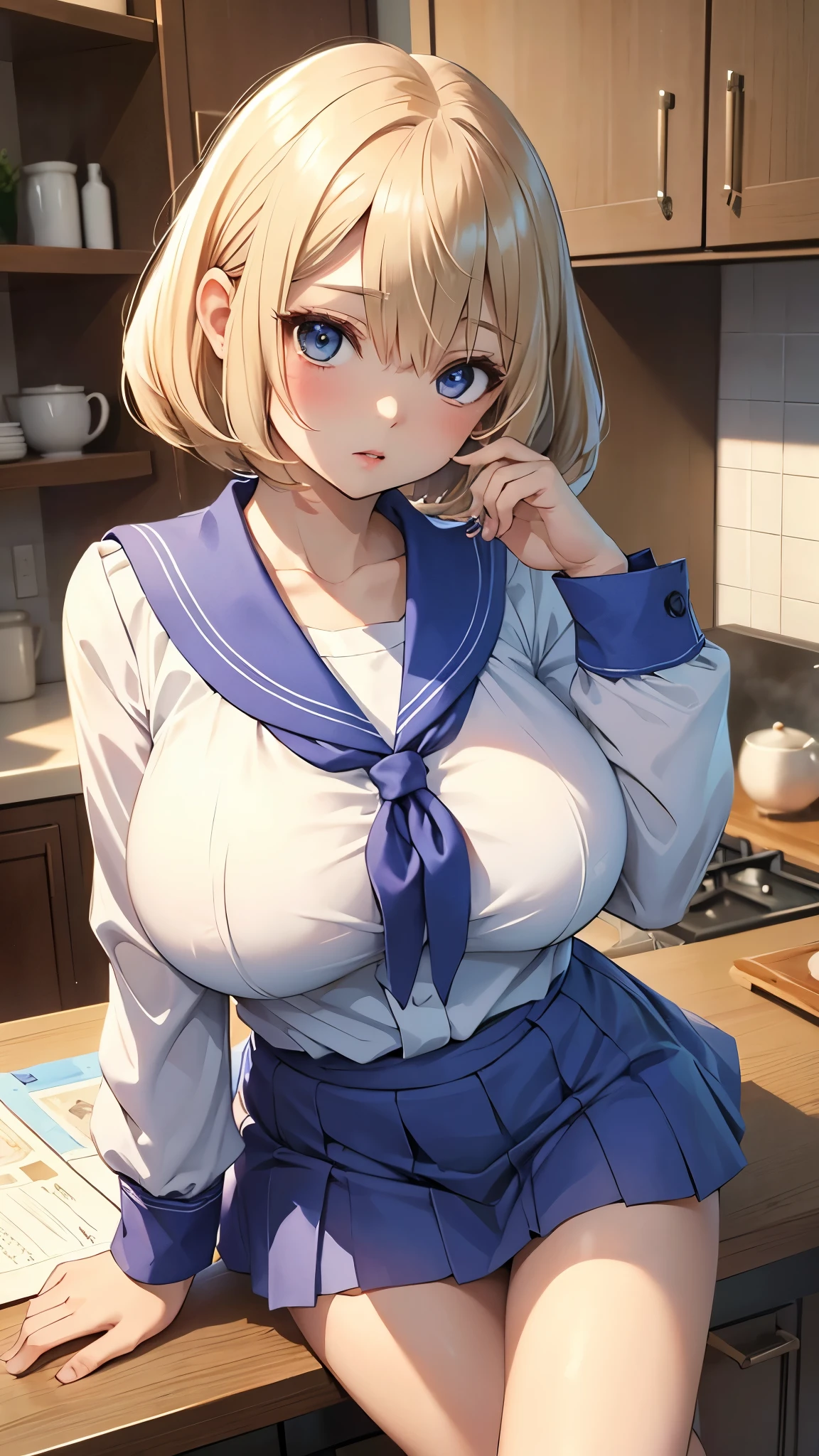 Umino Yuki、masterpiece,  best quality、 best quality,(8k resolution),Beauty、( looks like an adult)、 （  Sexy Perfect Style）、(( Big Breasts))、Blonde Bob Cut、white and blue sailor uniform