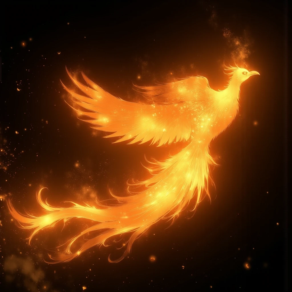 (traditonal chinnes paiting), A cinematic and realistic photo of a fiery phoenix flying through the darkness, its body engulfed in flames. The phoenix is in mid-flight, with its wings fully extended and flames trailing dynamically behind it. The fire is caught by the wind, creating a dramatic, swirling motion with embers scattering in the air. Motion blur emphasizes the speed and intensity of the phoenix's flight, while the dark background highlights the bright, glowing flames. The phoenix's tail feathers are ablaze, leaving a long trail of fire as it soars through the night sky, full of energy and power."