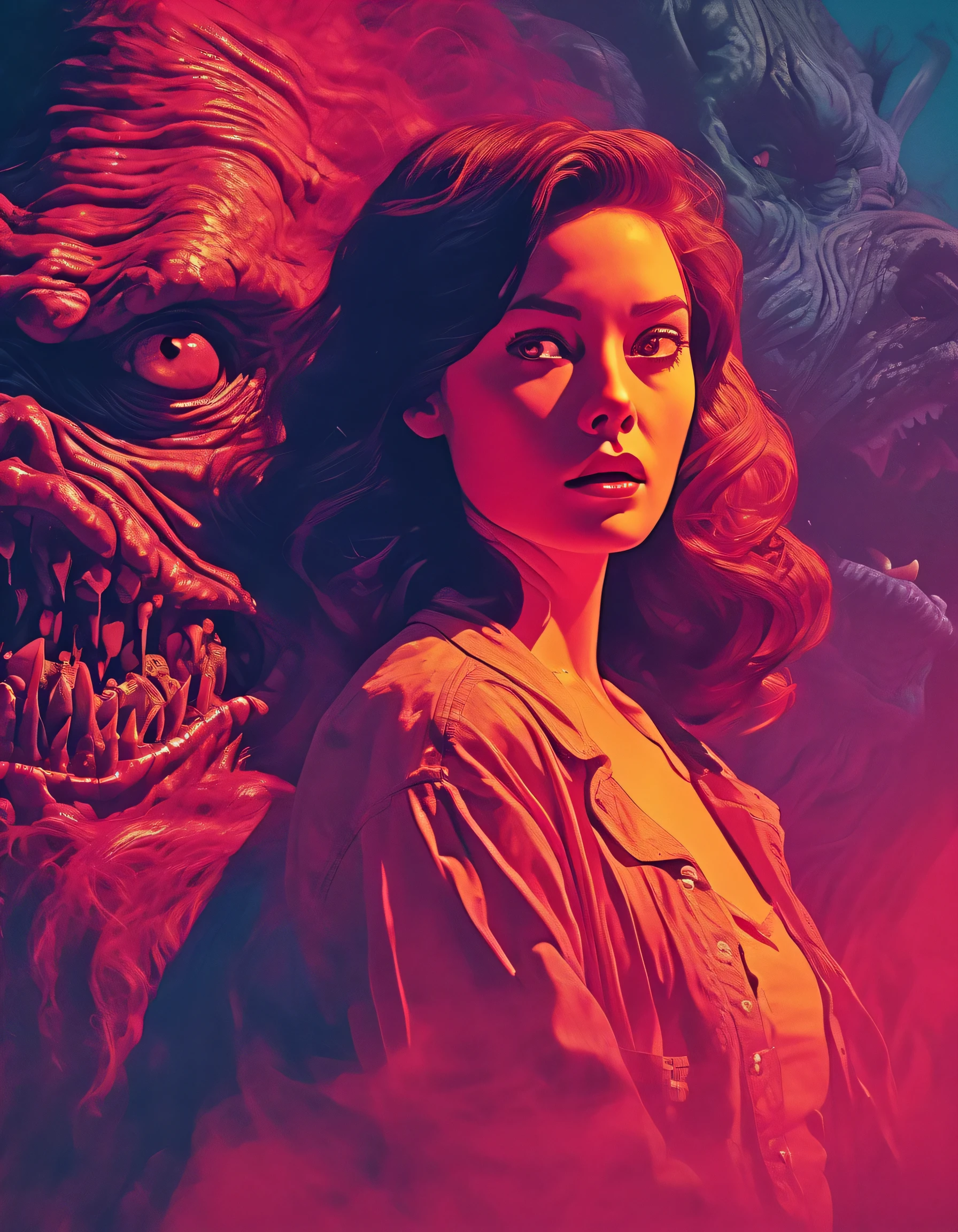 The Beautiful Girl and the Monsters、The mental world of a mentally ill person 、Abstract、Realistic illustration、art、80s horror movie poster , American Movies、 high detail, Realistic shadows,  Color Difference,  surrealism 、  Complementary Gradients 、Melancholy、 greatest masterpiece、horror scene