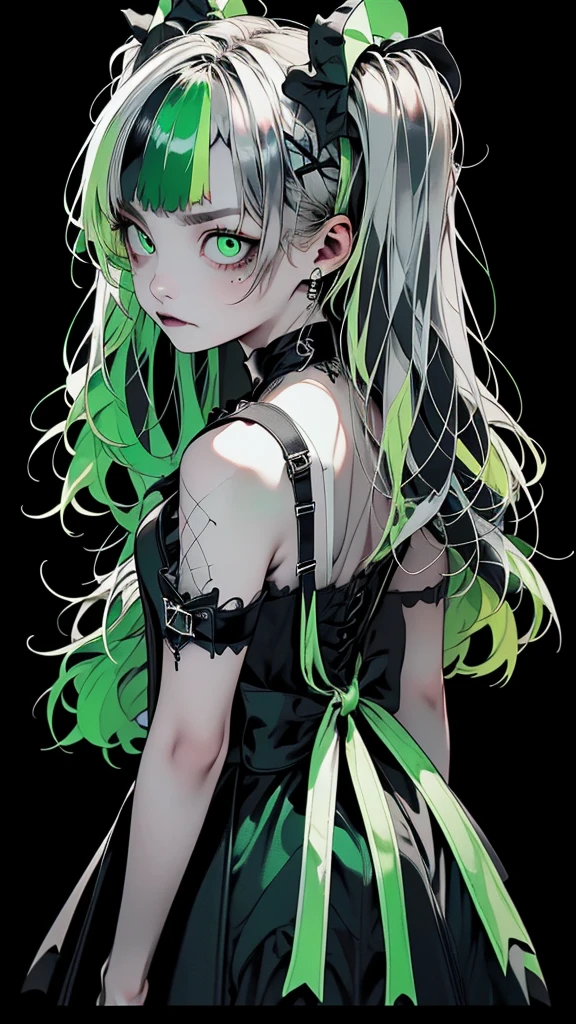     movie poster featuring a young female zombie、 (Silver_hair, green_hair,two-tone_hair:1.4)、( long twin tail :1.2)、Dance Hair、(light green clear eyes 1 .3)Glare、  Her face always has the same expression    , ( Gothic Dress:1.3)、(  black simple background 1  .4)、Rough, With danger and tension、 Rear shot 、(short bang :1.3)、( staring at the camera:1.4)、anger