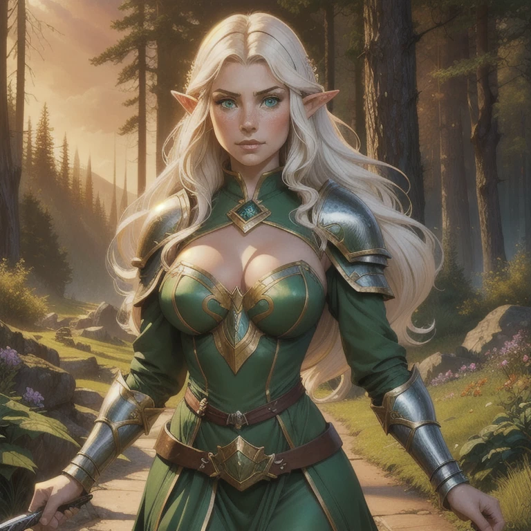  masterpiece , detailed fantasy art ,female elf,long wavy hair, white-haired,  pointy ears ,  emerald green eyes ,freckles, thin lips, blushed face,  round face, wearing the dress of a paladin ,  full armor,large bust,With cleavage,  WIDE HIP,  thick thighs ,  wearing adorned belt ,  she is standing staring intently at the spectator, fantasy setting ,  forest with a rustic cabin in the background , female elf with a sword in her hands , knight. Anatomically correct,  high quality ,  Cinematic lighting ,  illustration, by Alfons Mucha, 
